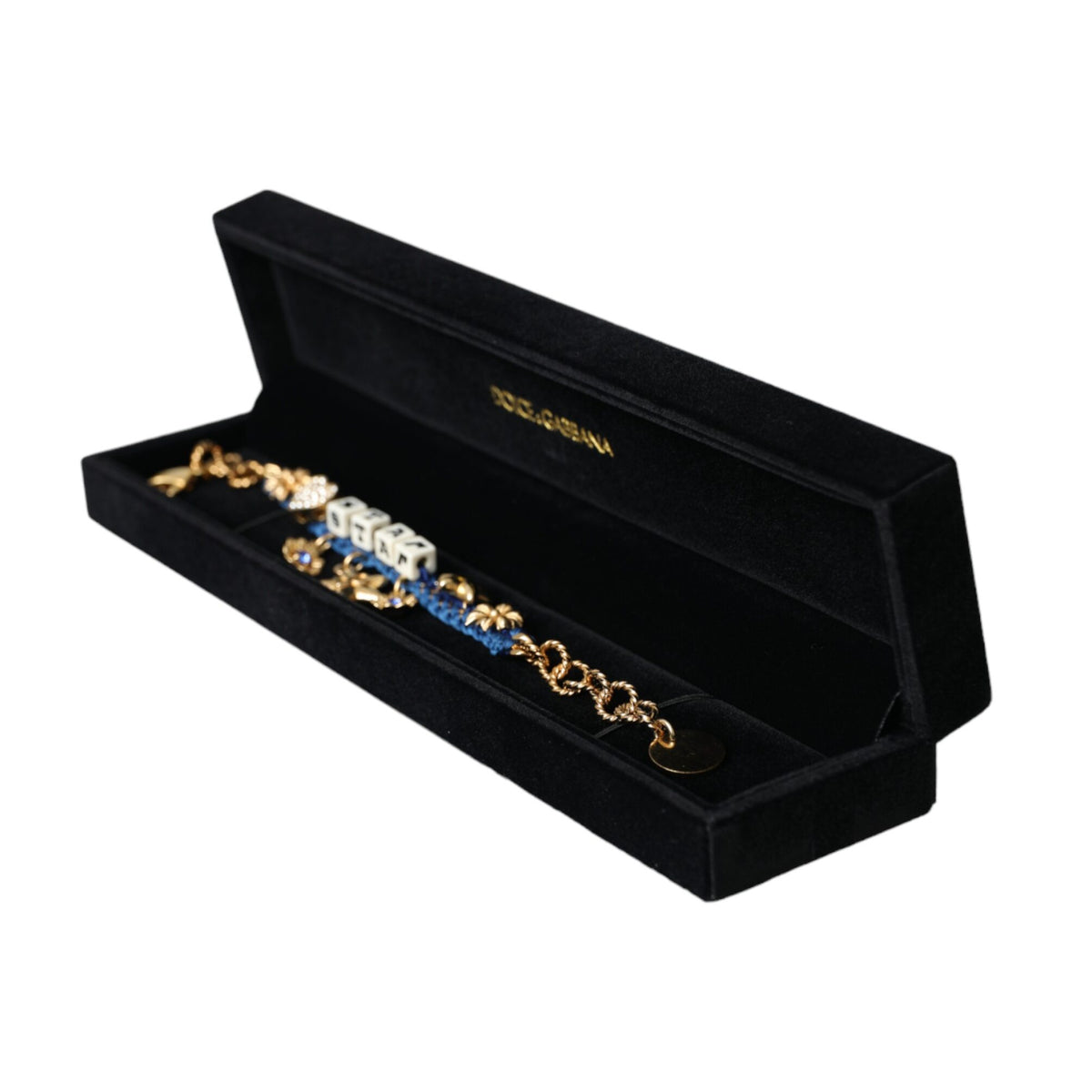 DOLCE &amp; GABBANA: Gold Chain Bracelet, Star and Blue Crystal Charms - Feminine Elegance