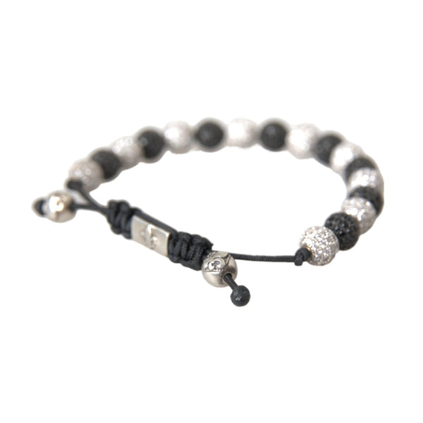 NIALAYA: Unisex Black &amp; White "CZ Crystal Ball" Beaded Bracelet - 925 Sterling Silver &amp; Zirconium - Handmade in Hollywood
