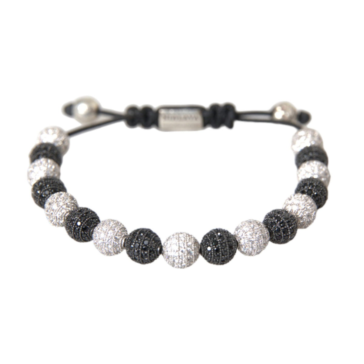 NIALAYA: Unisex Black &amp; White "CZ Crystal Ball" Beaded Bracelet - 925 Sterling Silver &amp; Zirconium - Handmade in Hollywood
