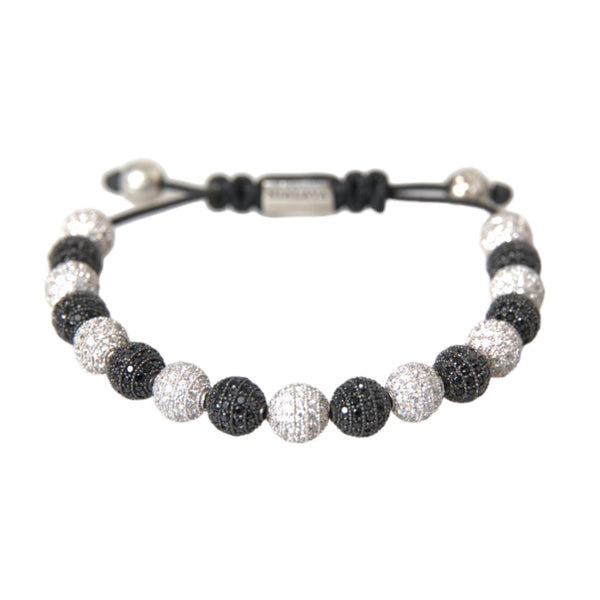 NIALAYA: Unisex Black &amp; White "CZ Crystal Ball" Beaded Bracelet - 925 Sterling Silver &amp; Zirconium - Handmade in Hollywood