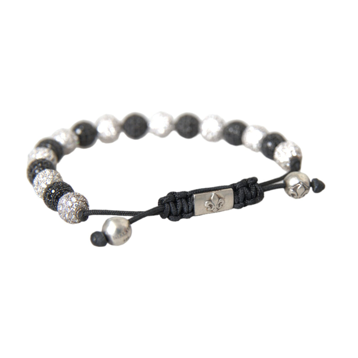 NIALAYA: Unisex Black &amp; White "CZ Crystal Ball" Beaded Bracelet - 925 Sterling Silver &amp; Zirconium - Handmade in Hollywood