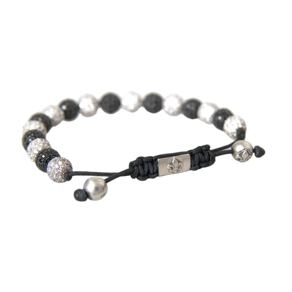 NIALAYA: Unisex Black &amp; White "CZ Crystal Ball" Beaded Bracelet - 925 Sterling Silver &amp; Zirconium - Handmade in Hollywood