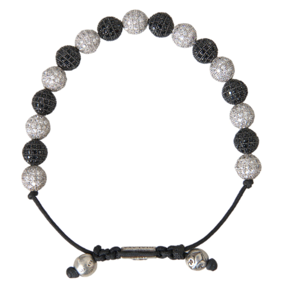 NIALAYA: Unisex Black &amp; White "CZ Crystal Ball" Beaded Bracelet - 925 Sterling Silver &amp; Zirconium - Handmade in Hollywood