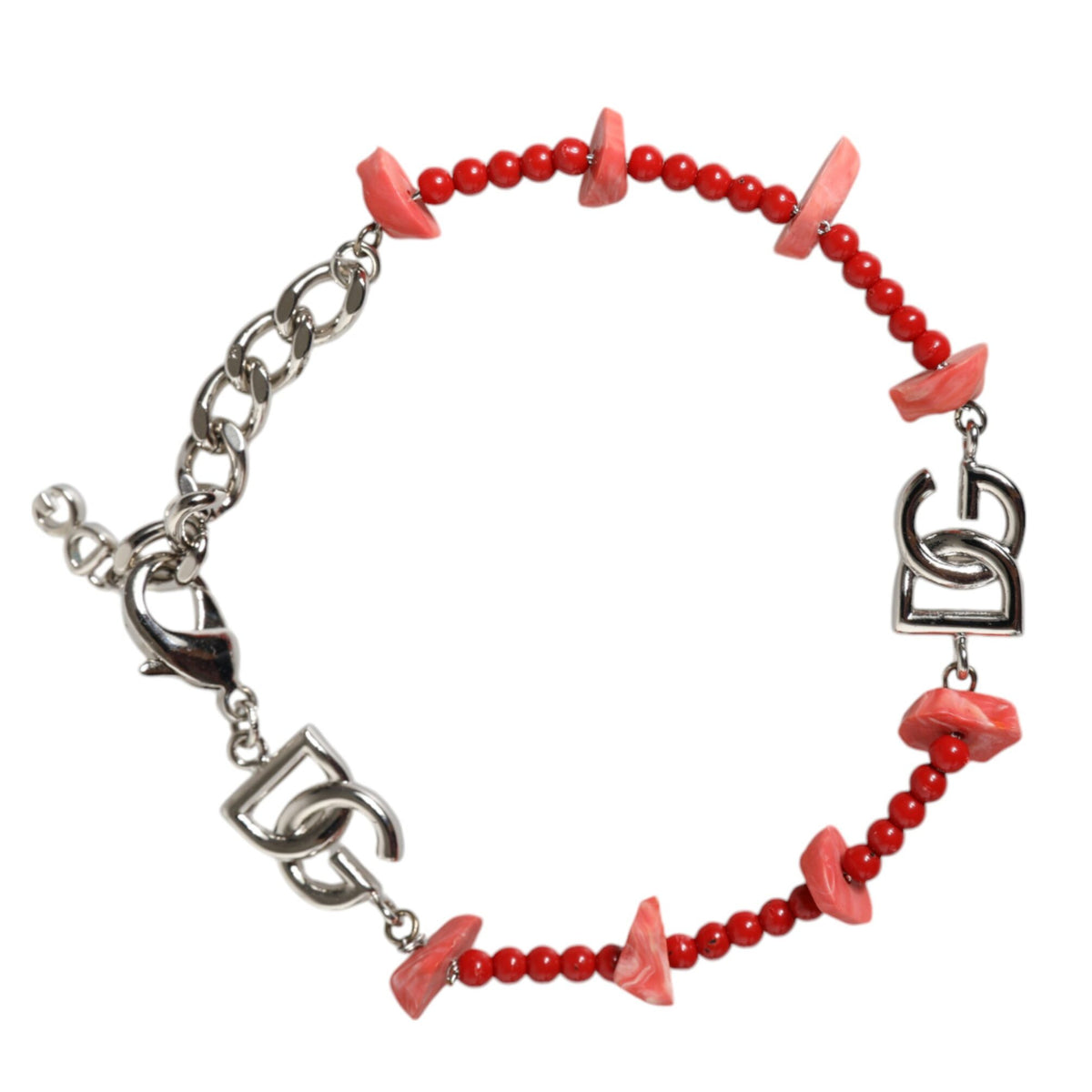 DOLCE & GABBANA : Bracelet Chaîne Argentée avec Perles Rouges et Logos DG