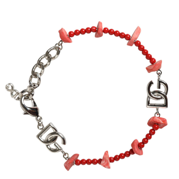 DOLCE & GABBANA : Bracelet Chaîne Argentée avec Perles Rouges et Logos DG