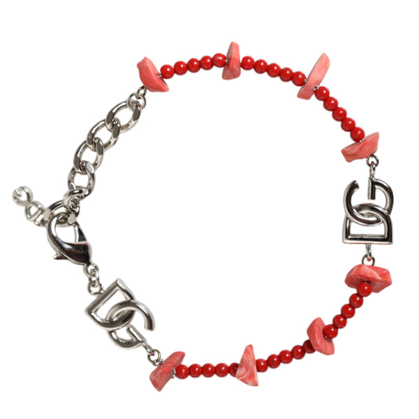 DOLCE &amp; GABBANA: Silver Chain Bracelet with Red Beads and DG Logos