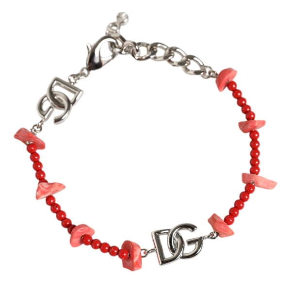 DOLCE &amp; GABBANA: Silver Chain Bracelet with Red Beads and DG Logos