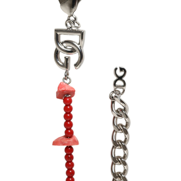DOLCE &amp; GABBANA: Silver Chain Bracelet with Red Beads and DG Logos