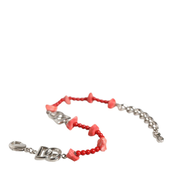 DOLCE &amp; GABBANA: Silver Chain Bracelet with Red Beads and DG Logos
