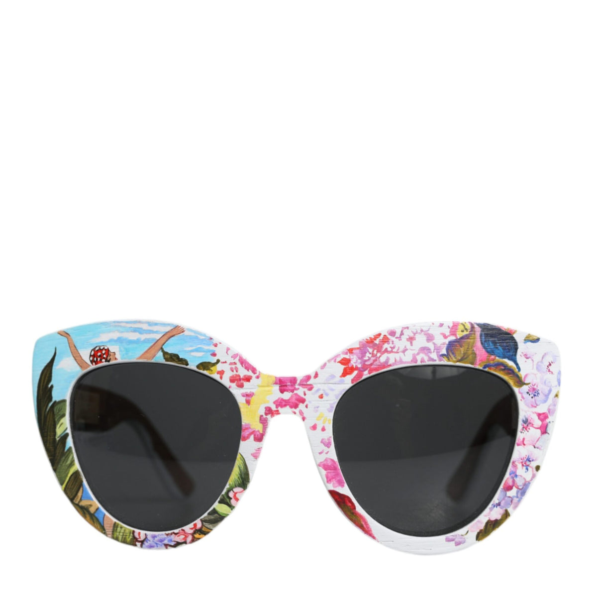 DOLCE & GABBANA : Lunettes de Soleil Femme Florales Peintes à la Main - Monture Bois, Cristal & Laiton - Protection UV Totale