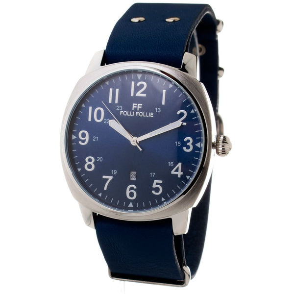 FOLLI FOLLIE Montre Unisexe en Acier Inoxydable Argenté - Cadran Bleu et Bracelet en Cuir Bleu