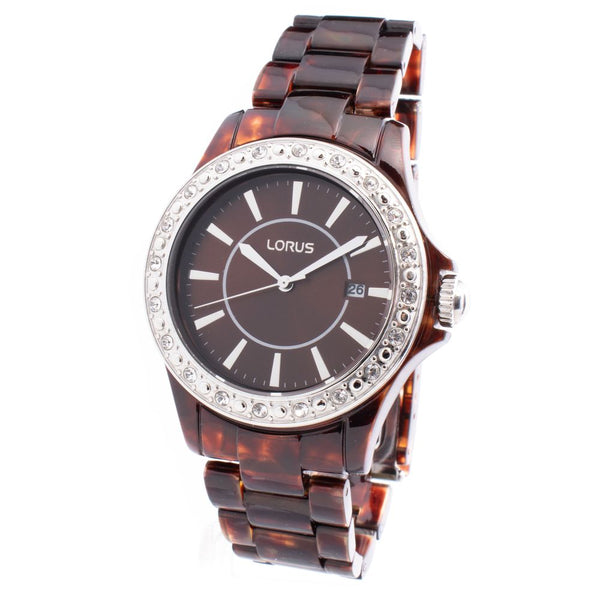LORUS Montre Femme "Tortoise Shell" Marron - Lunette Strass et Cadran Brun
