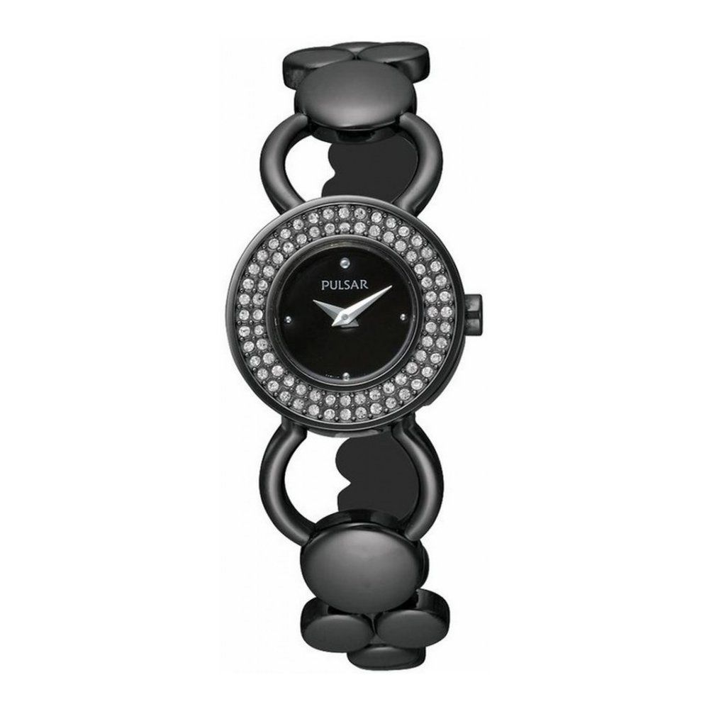 PULSAR Montre Femme "Sparkle" en Acier Inoxydable Gris Foncé - Cadran Noir et Lunette Strass