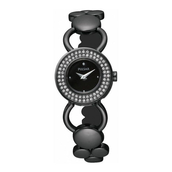 PULSAR Montre Femme "Sparkle" en Acier Inoxydable Gris Foncé - Cadran Noir et Lunette Strass