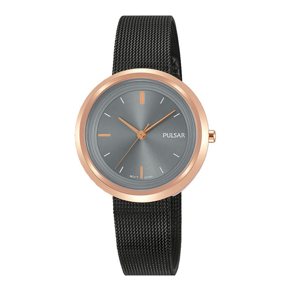 PULSAR Montre Femme en Acier Inoxydable Noir et Rose Doré - Cadran Gris et Bracelet Maille Milanaise