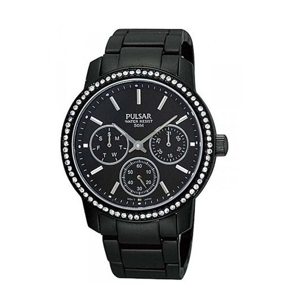 PULSAR Montre Femme en Aluminium Noir - Cadran Multifonction et Lunette Strass