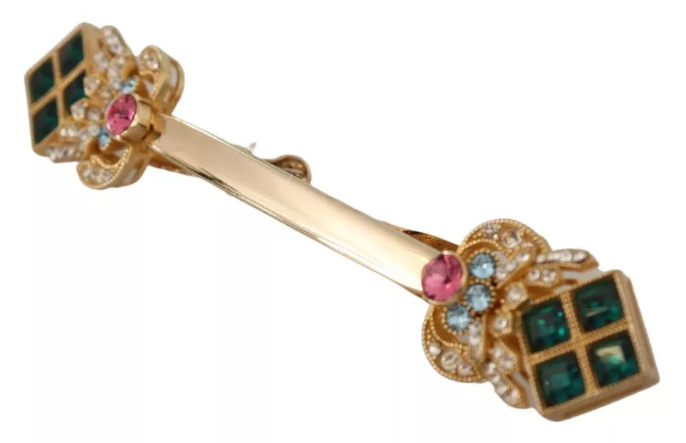 DOLCE & GABBANA  BROCHE ÉPINGLE DE COL en Argent Sterling 925 Plaqué Or et Cristaux Multicolores
