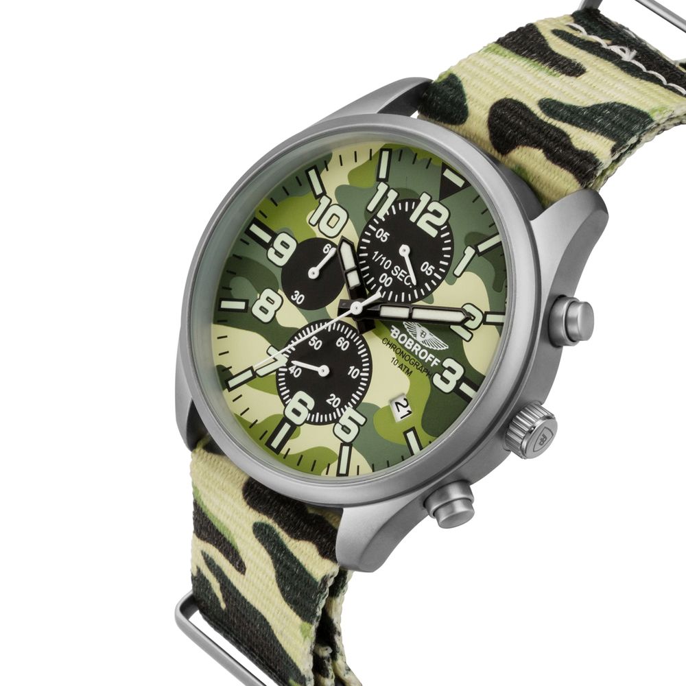 BOBROFF "Army Chrono Camouflage" Quartz Watch Steel &amp; Nylon 10 ATM