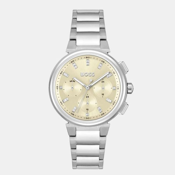 HUGO BOSS Women's "Classic Sport" Watch in Silver Stainless Steel - Gold Dial and Crystals