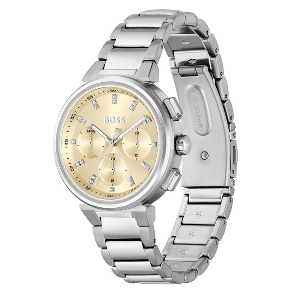 HUGO BOSS Women's "Classic Sport" Watch in Silver Stainless Steel - Gold Dial and Crystals
