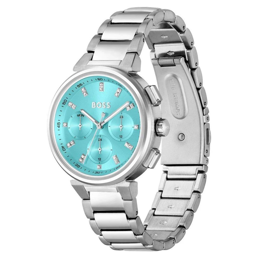 HUGO BOSS Women's "Attitude" Watch in Silver Stainless Steel - Turquoise Dial and Crystals