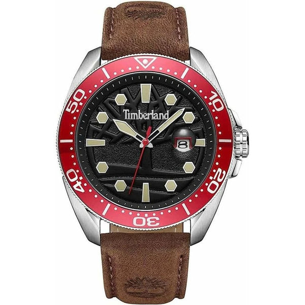 TIMBERLAND CARRIGAN: Men's Watch Black Dial Red Bezel and Brown Leather Strap - 45mm