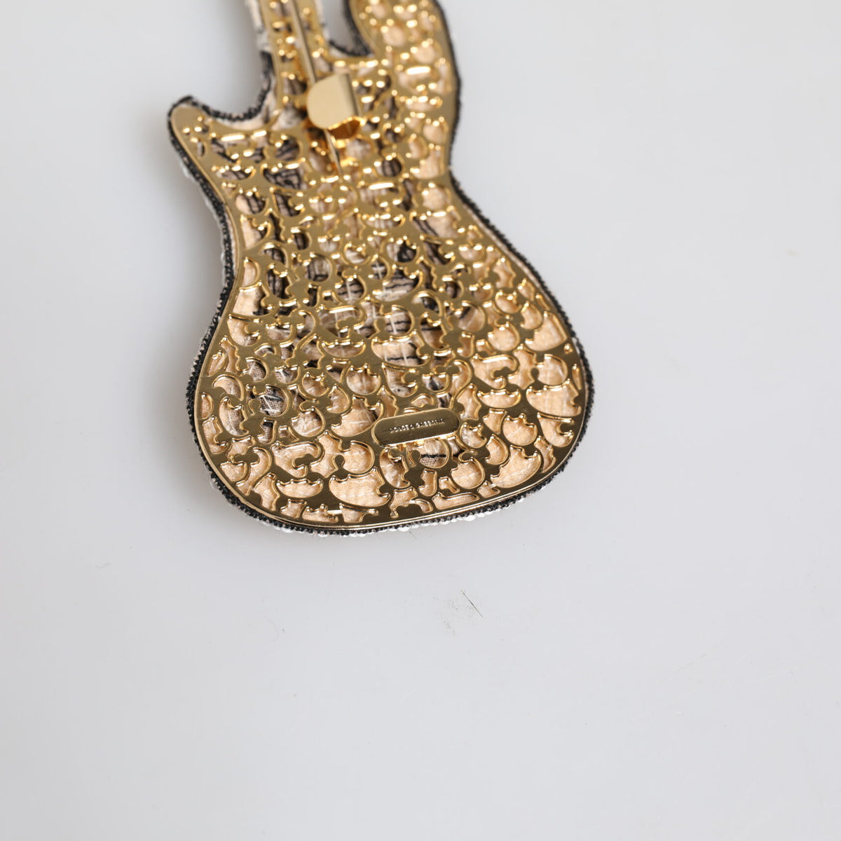 Dolce &amp; Gabbana Gold Brass Logo Beaded Guitar Pin Brooch