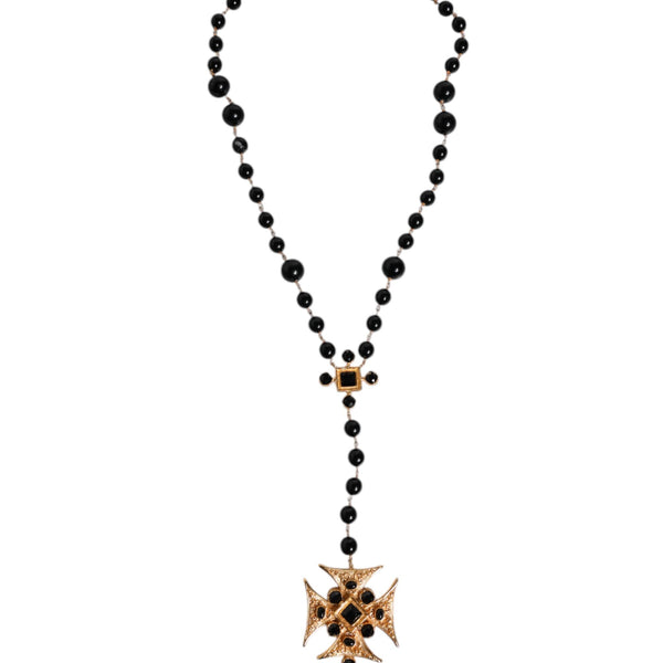 DOLCE &amp; GABBANA ROSARY NECKLACE in Gold-Plated Brass with Black Pearls and "Croce" Cross Pendant