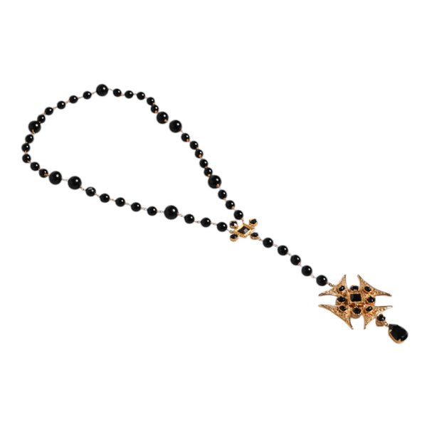 DOLCE &amp; GABBANA ROSARY NECKLACE in Gold-Plated Brass with Black Pearls and "Croce" Cross Pendant