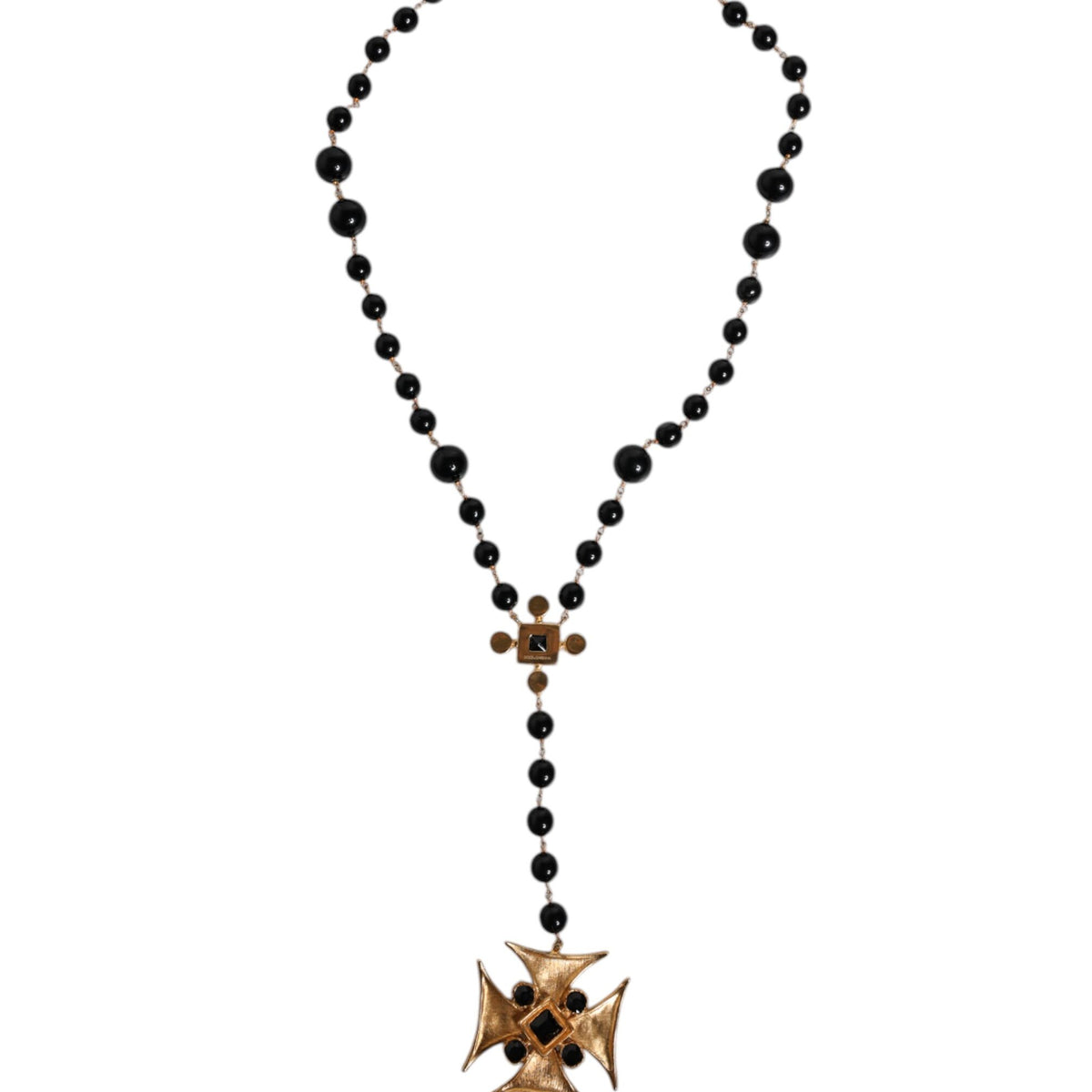 DOLCE &amp; GABBANA ROSARY NECKLACE in Gold-Plated Brass with Black Pearls and "Croce" Cross Pendant