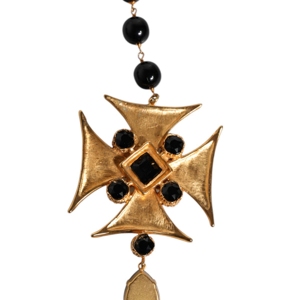 DOLCE &amp; GABBANA ROSARY NECKLACE in Gold-Plated Brass with Black Pearls and "Croce" Cross Pendant