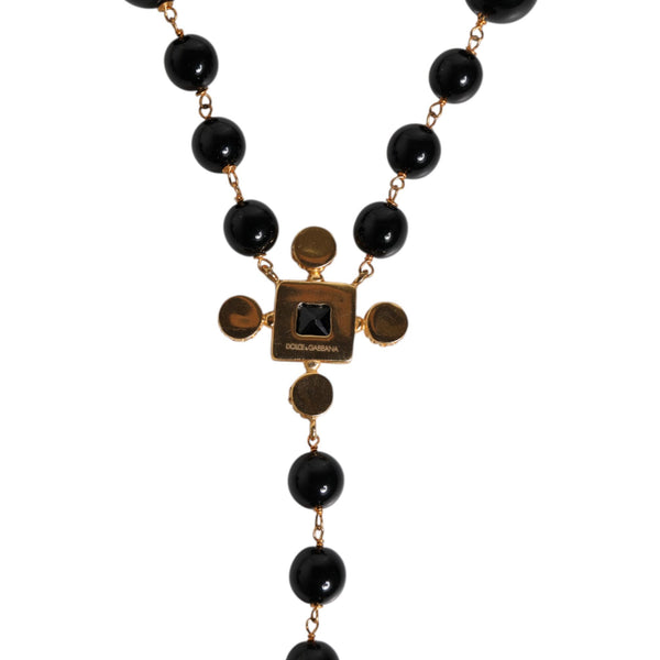 DOLCE &amp; GABBANA ROSARY NECKLACE in Gold-Plated Brass with Black Pearls and "Croce" Cross Pendant