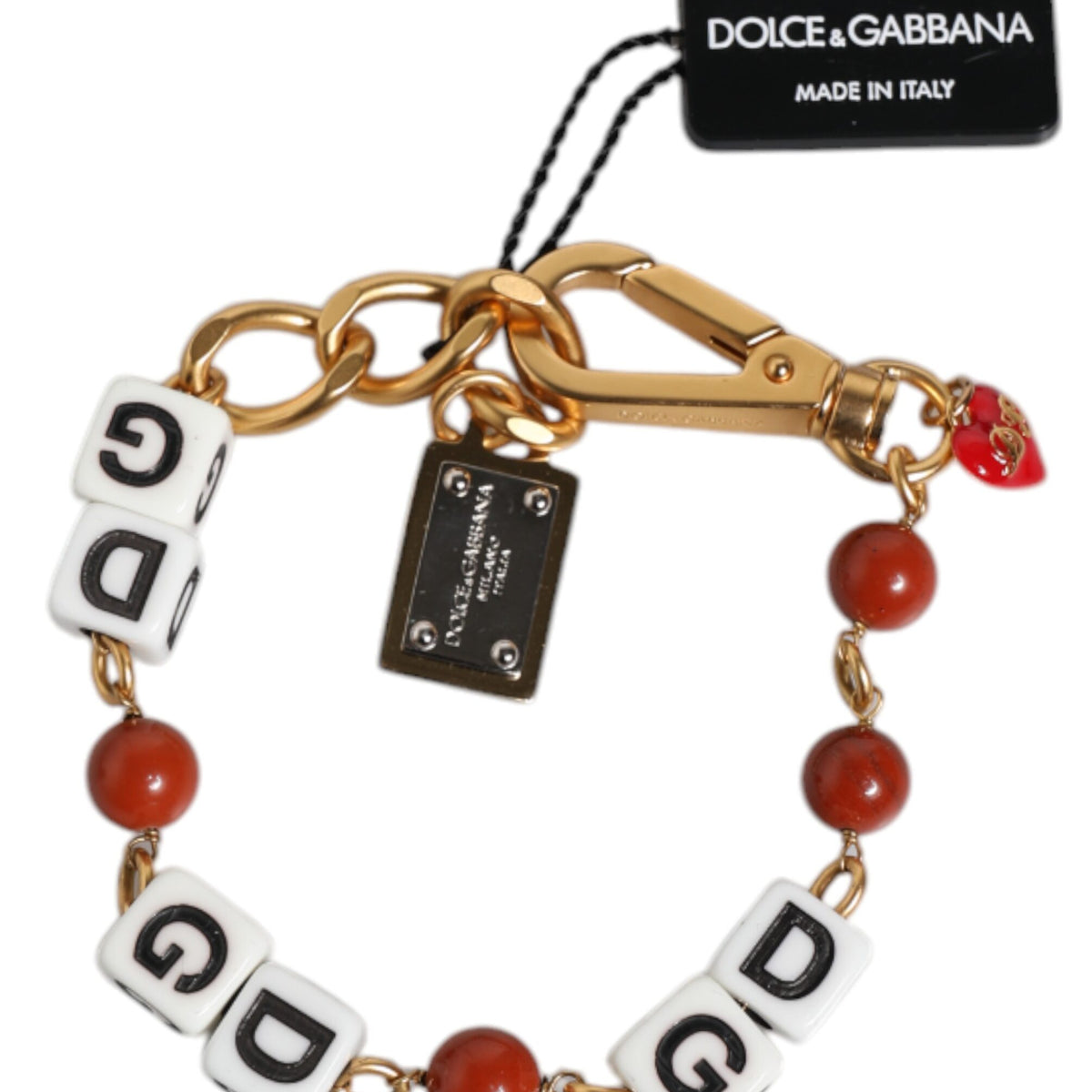 Bracelet Dolce & Gabbana "Chaîne Dorée : Dés DG, Perles & Cœur Rouge"