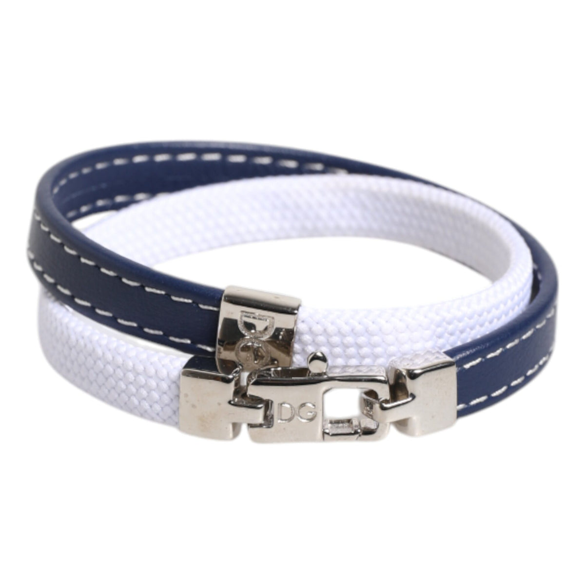 Dolce &amp; Gabbana Blue White Leather Trimmed DG Engraved Silver Tone Clasp Bracelet