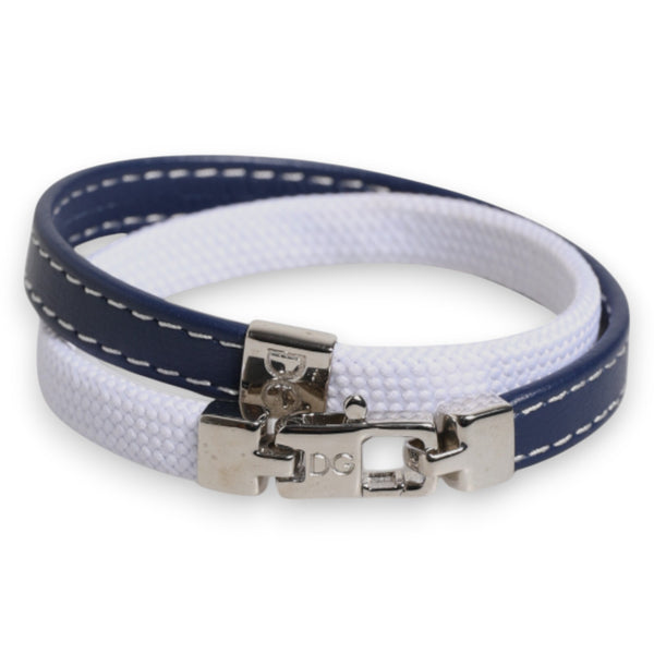 DOLCE & GABBANA  Blue White Leather Trimmed DG Engraved Silver Tone Clasp Bracelet