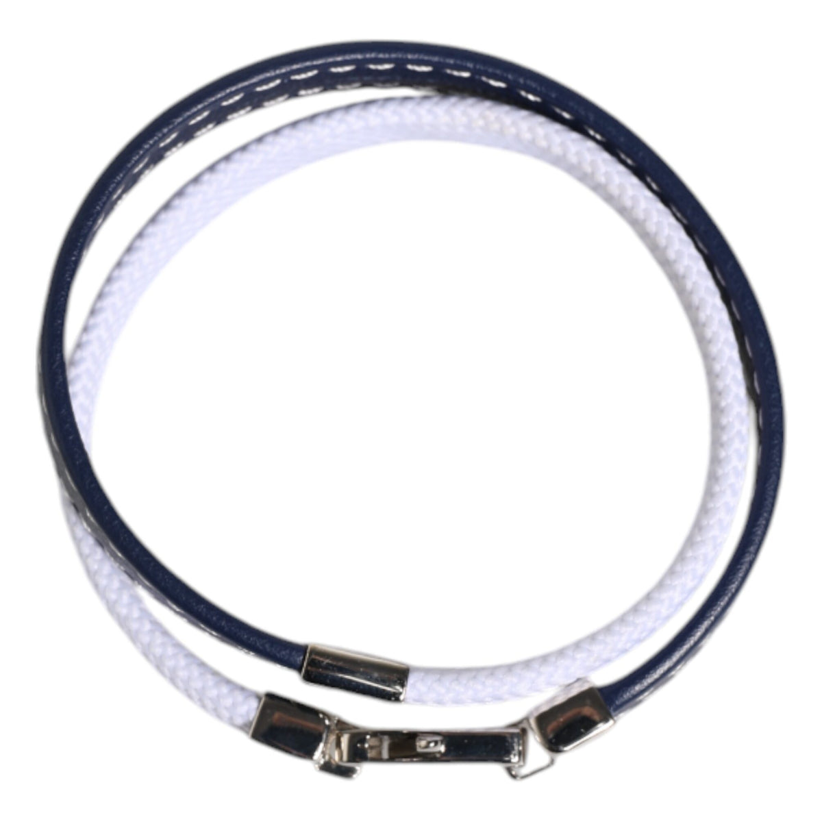Dolce &amp; Gabbana Blue White Leather Trimmed DG Engraved Silver Tone Clasp Bracelet
