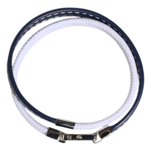 DOLCE & GABBANA  Blue White Leather Trimmed DG Engraved Silver Tone Clasp Bracelet