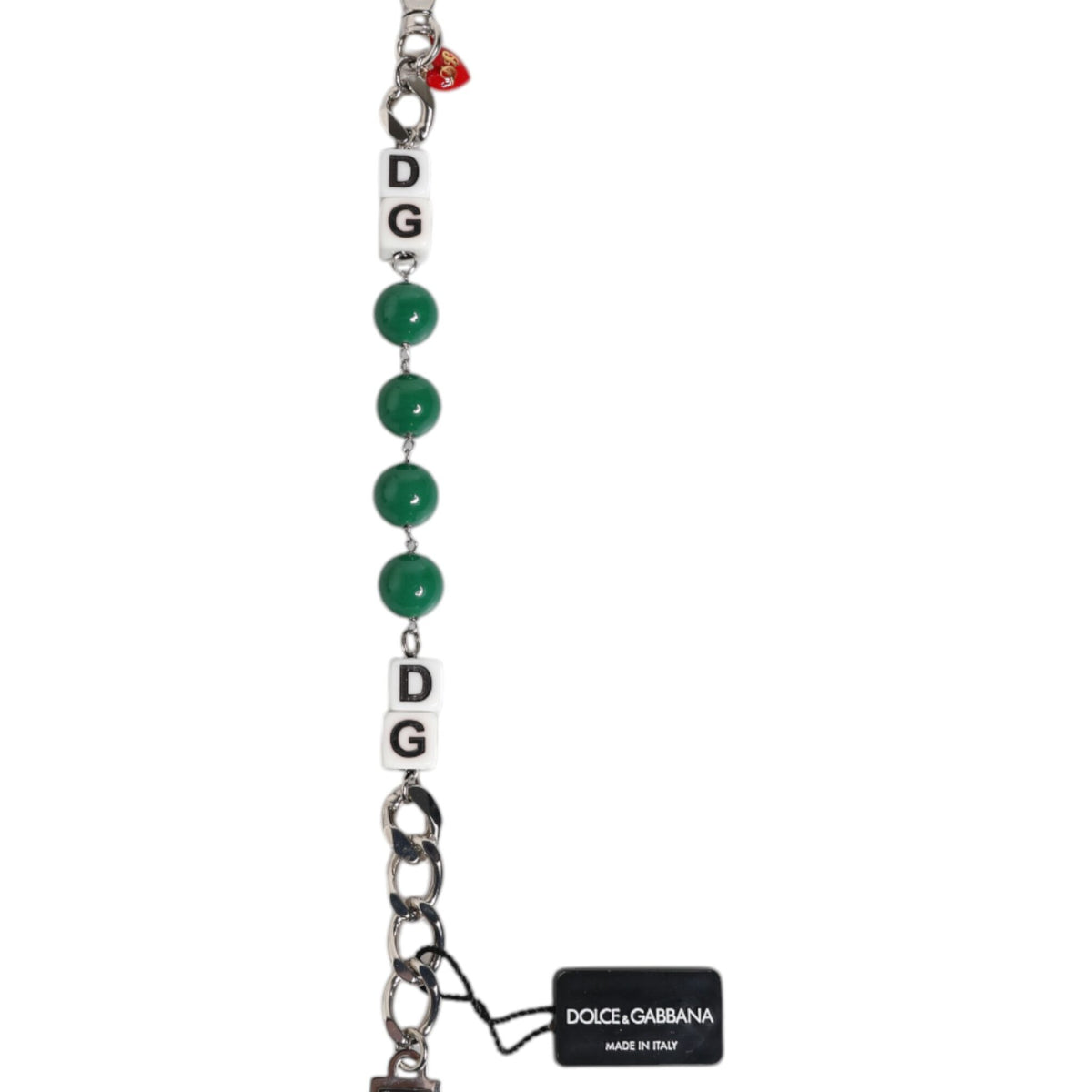 DOLCE & GABBANA : Bracelet Chaîne Argentée, Dés "DG" et Perles Vertes - Chic