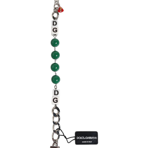 DOLCE & GABBANA : Bracelet Chaîne Argentée, Dés "DG" et Perles Vertes - Chic