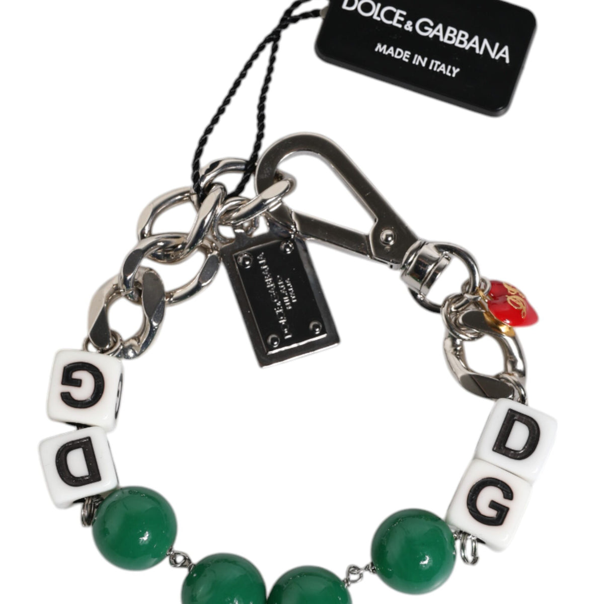 DOLCE & GABBANA : Bracelet Chaîne Argentée, Dés "DG" et Perles Vertes - Chic