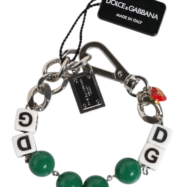 DOLCE & GABBANA : Bracelet Chaîne Argentée, Dés "DG" et Perles Vertes - Chic