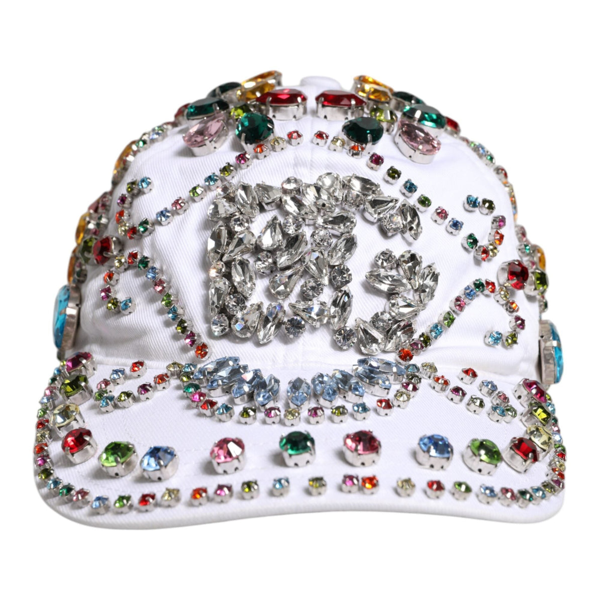 DOLCE &amp; GABBANA: White Baseball Cap Decorated with Multicolored Crystals - Cotton &amp; Elastane - Made in Italy
