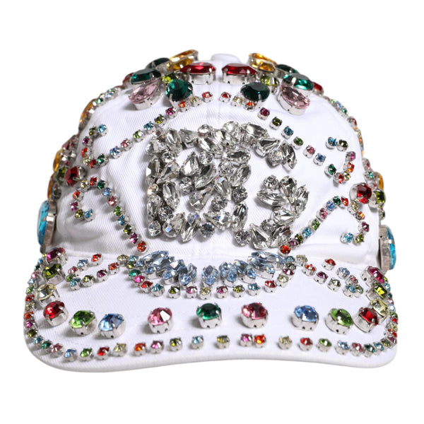 DOLCE & GABBANA : Casquette Baseball Blanche Ornée de Cristaux Multicolores - Coton & Élasthanne - Made in Italy