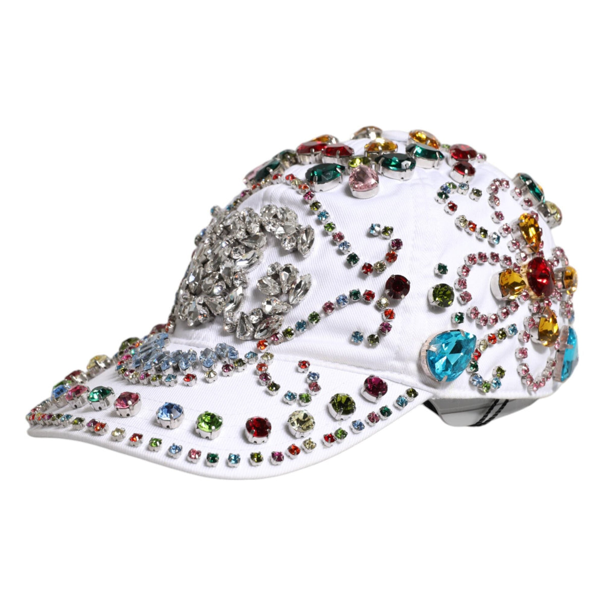 DOLCE &amp; GABBANA: White Baseball Cap Decorated with Multicolored Crystals - Cotton &amp; Elastane - Made in Italy