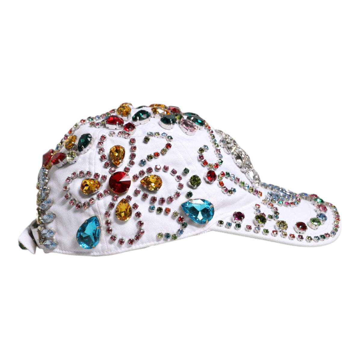 DOLCE &amp; GABBANA: White Baseball Cap Decorated with Multicolored Crystals - Cotton &amp; Elastane - Made in Italy