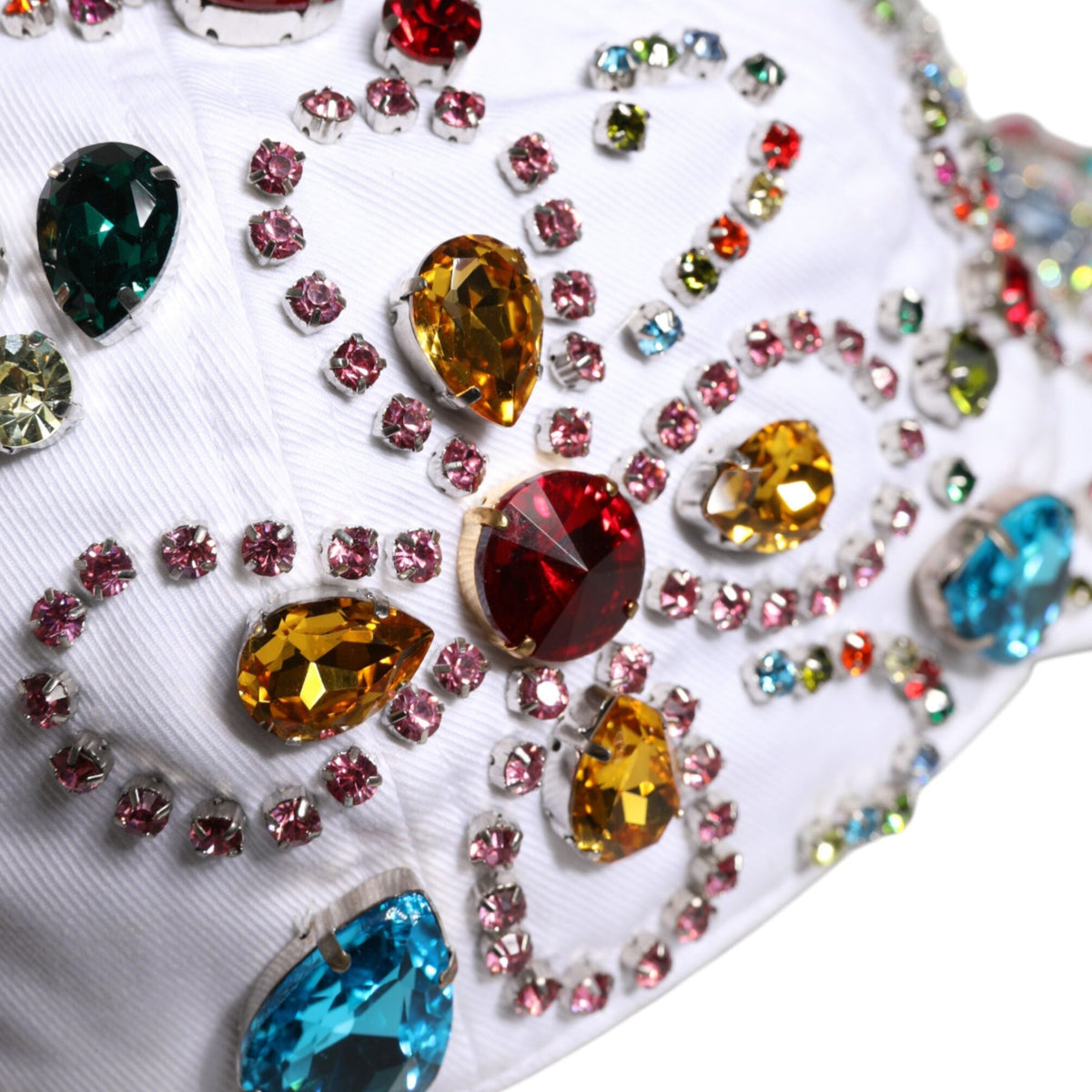 DOLCE &amp; GABBANA: White Baseball Cap Decorated with Multicolored Crystals - Cotton &amp; Elastane - Made in Italy