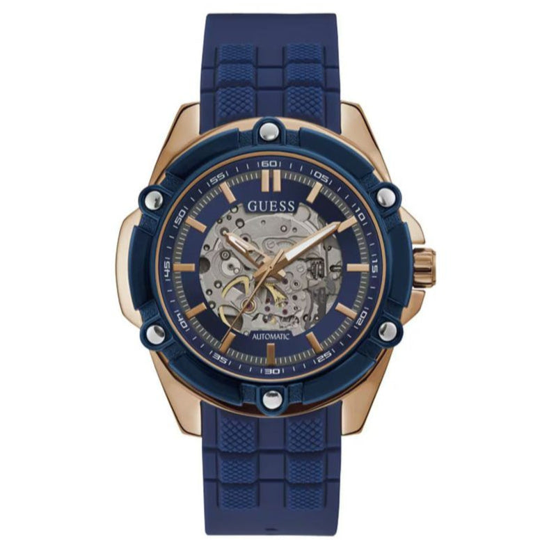 GUESS BOLT: Men's Automatic Watch with Rose Gold Case and Navy Blue Silicone Strap - Skeleton Dial