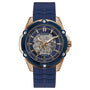 GUESS BOLT: Men's Automatic Watch with Rose Gold Case and Navy Blue Silicone Strap - Skeleton Dial