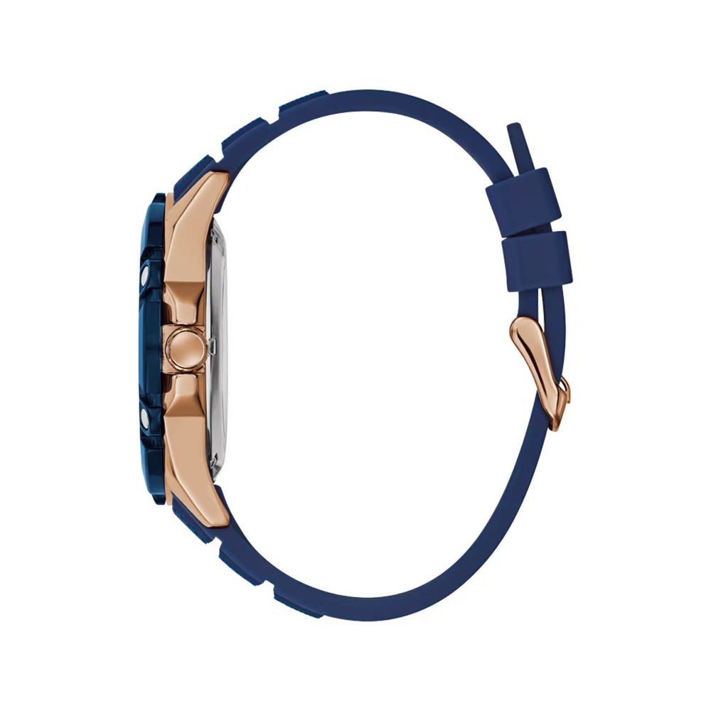 GUESS BOLT: Men's Automatic Watch with Rose Gold Case and Navy Blue Silicone Strap - Skeleton Dial