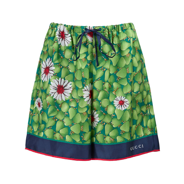 GUCCI : Short en Soie Imprimé Fleurs Vertes - Artisanat Italien d'Exception